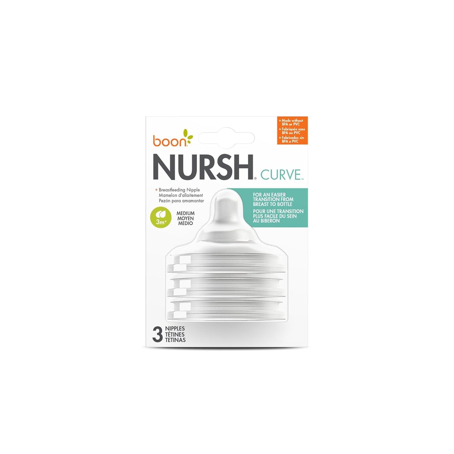 Boon Nursh Curve Silicone Baby Bottle Nipples - Food-Grade Silicone Bottle Nipples – Medium Flow Nipples for Baby Bottles - Baby Bottle-Feeding Supplies - 3 Count