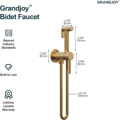 Brushed Gold Hot & Cold Handheld Bidet Sprayer for Toilet, Adjustable Water Pressure Control, 47-Inch Stainless Steel Hose Wall Mount Bidet Faucet for Feminine Wash & Cloth Diaper