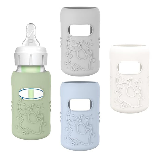 KingKam 4 Pack Silicone Sleeves for Dr. Brown's Glass Baby Bottles, Anti Breakage Baby Bottle Sleeves Holder, Compatible with Dr. Brown's Anti-Colic Options+ Narrow Glass Baby Bottles, 4 oz/120 mL