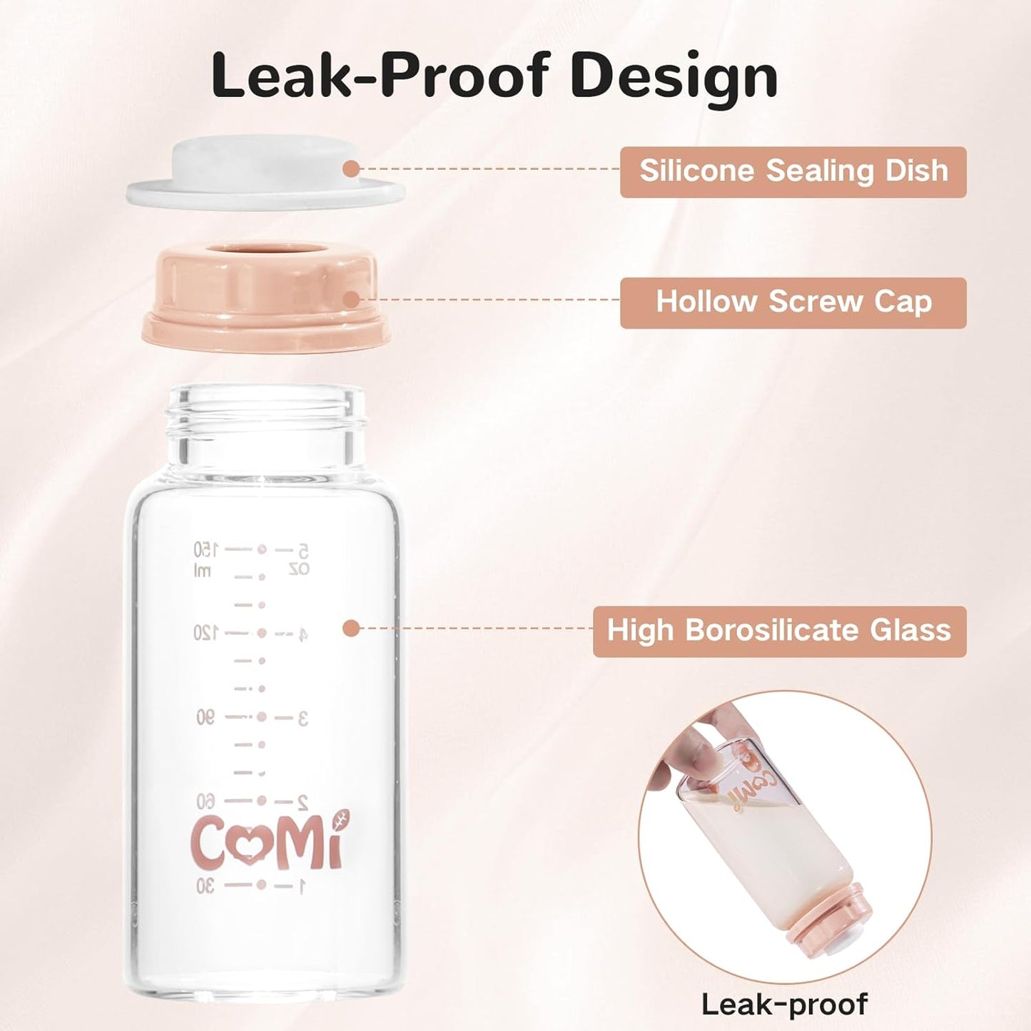 COMI Natural Glass Baby Bottle,Breastmilk Storage Bottle for Fridge,Breast Milk Container,Breast Pump Bottle Compatible with Medela Breast Pump,BPA Free,2PCS (5oz,2 Gray Lids)