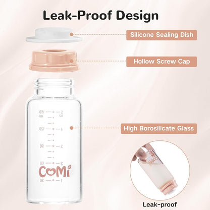 COMI Natural Glass Baby Bottle,Breastmilk Storage Bottle for Fridge,Breast Milk Container,Breast Pump Bottle Compatible with Medela Breast Pump,BPA Free,2PCS (5oz,2 Gray Lids)