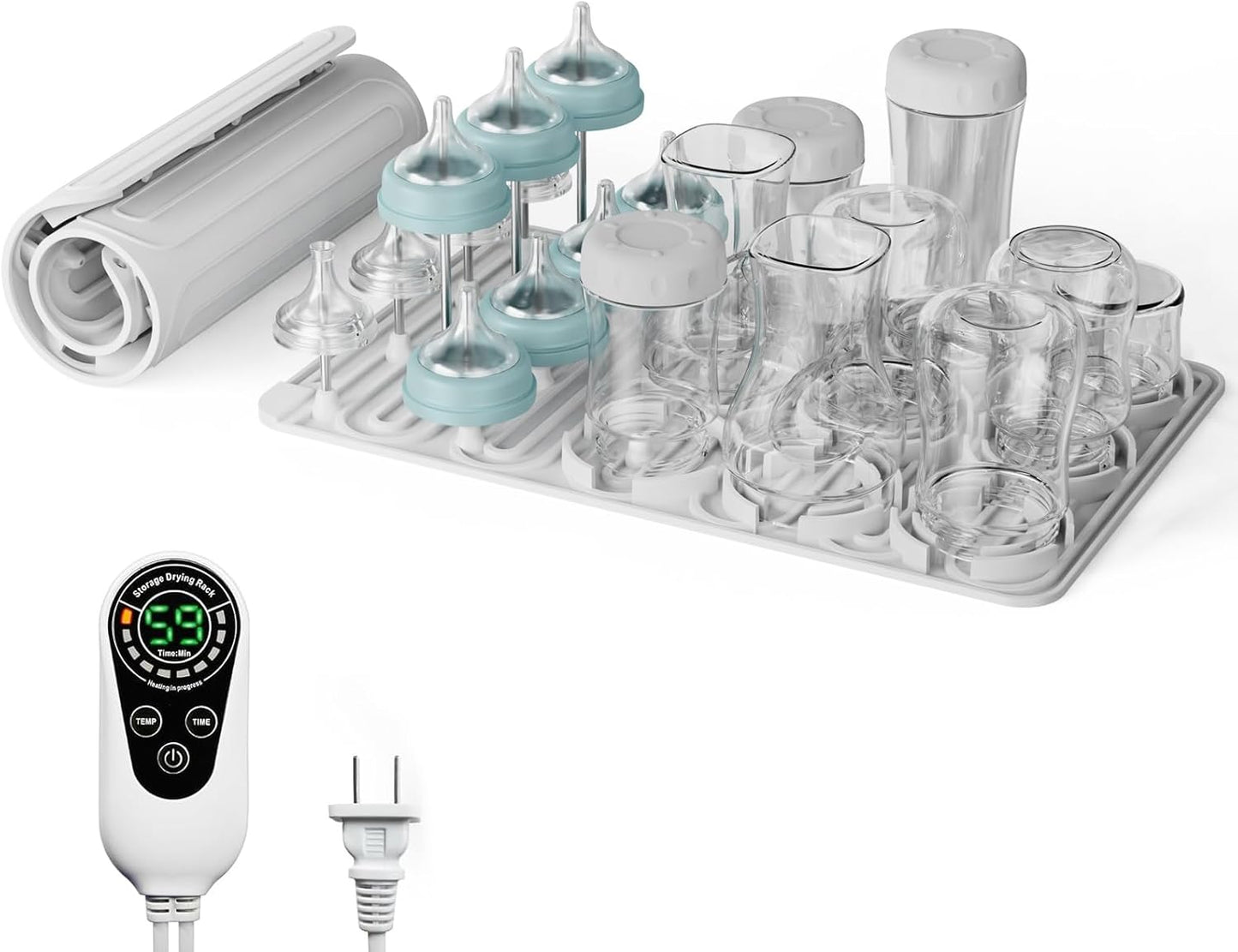 Baby Bottle Drying Rack, Electric Bottles Rack Dryer with Heating & Timer, Fast Dry Silicone Bottle Storage Organizer, Space Saving Kitchen Bottle Rack Dryer for Bottles and Pacifiers