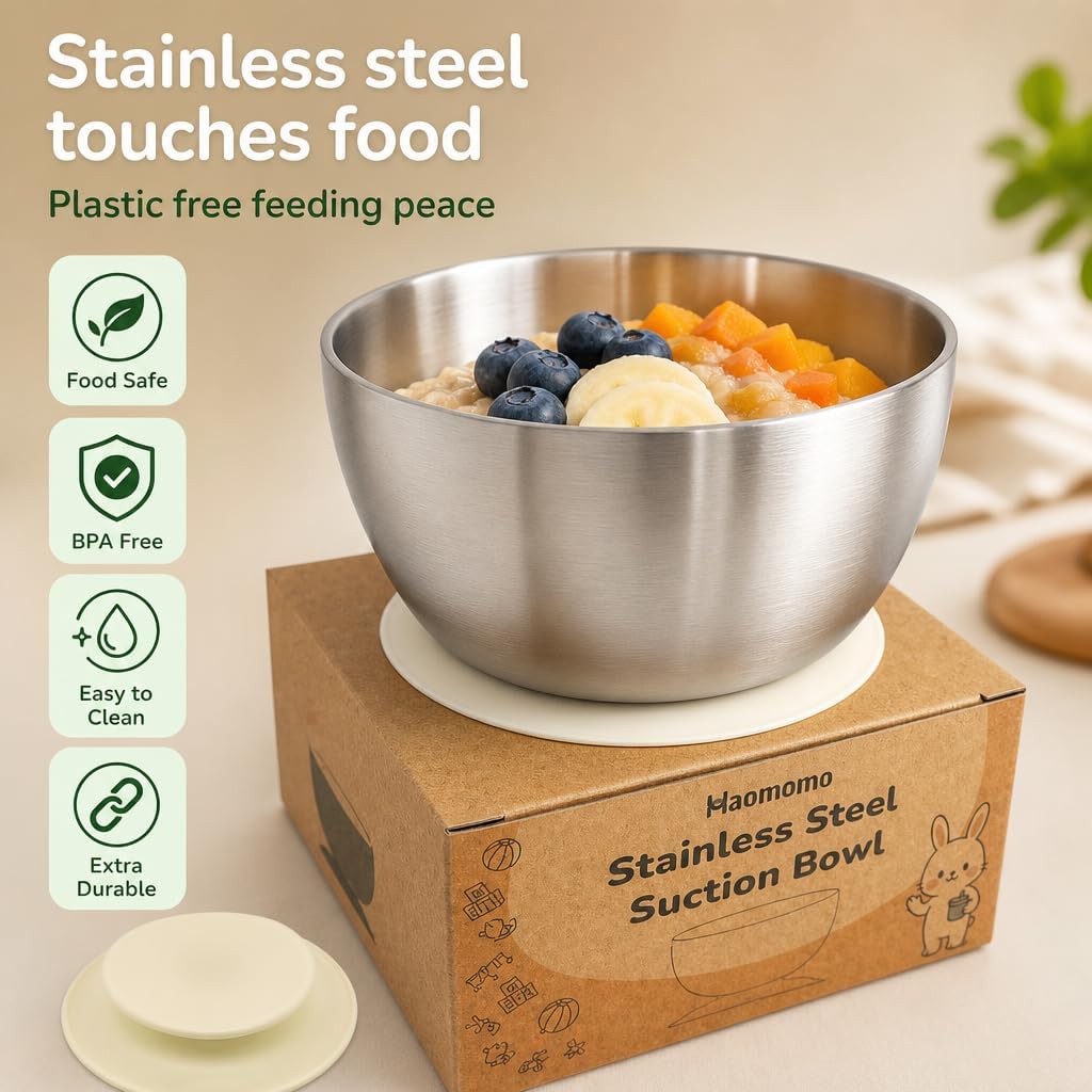 Stainless Steel Suction Bowl for Baby & Toddler – 4.3” Baby Led Weaning Bowl with Strong Silicone Base, 6M+ Self Feeding, Double Wall Insulated, Plastic-Free, Dishwasher Safe