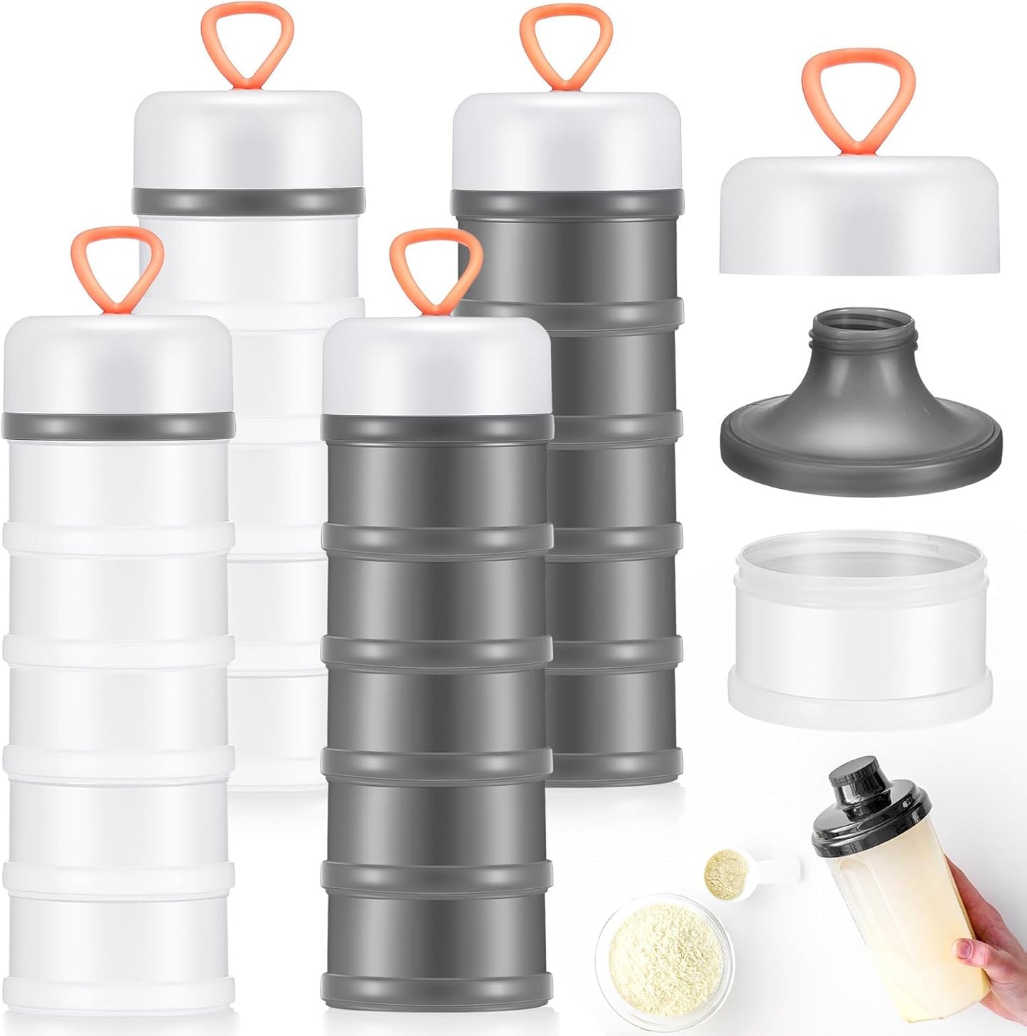 Baderke 4 Pcs Protein Powder Container 5 Layers Stackable Leakproof Container Powder Dispenser with Funnels Stand Keychain Flour Canister for Workout Fitness(Black, White, Blue, Pink)
