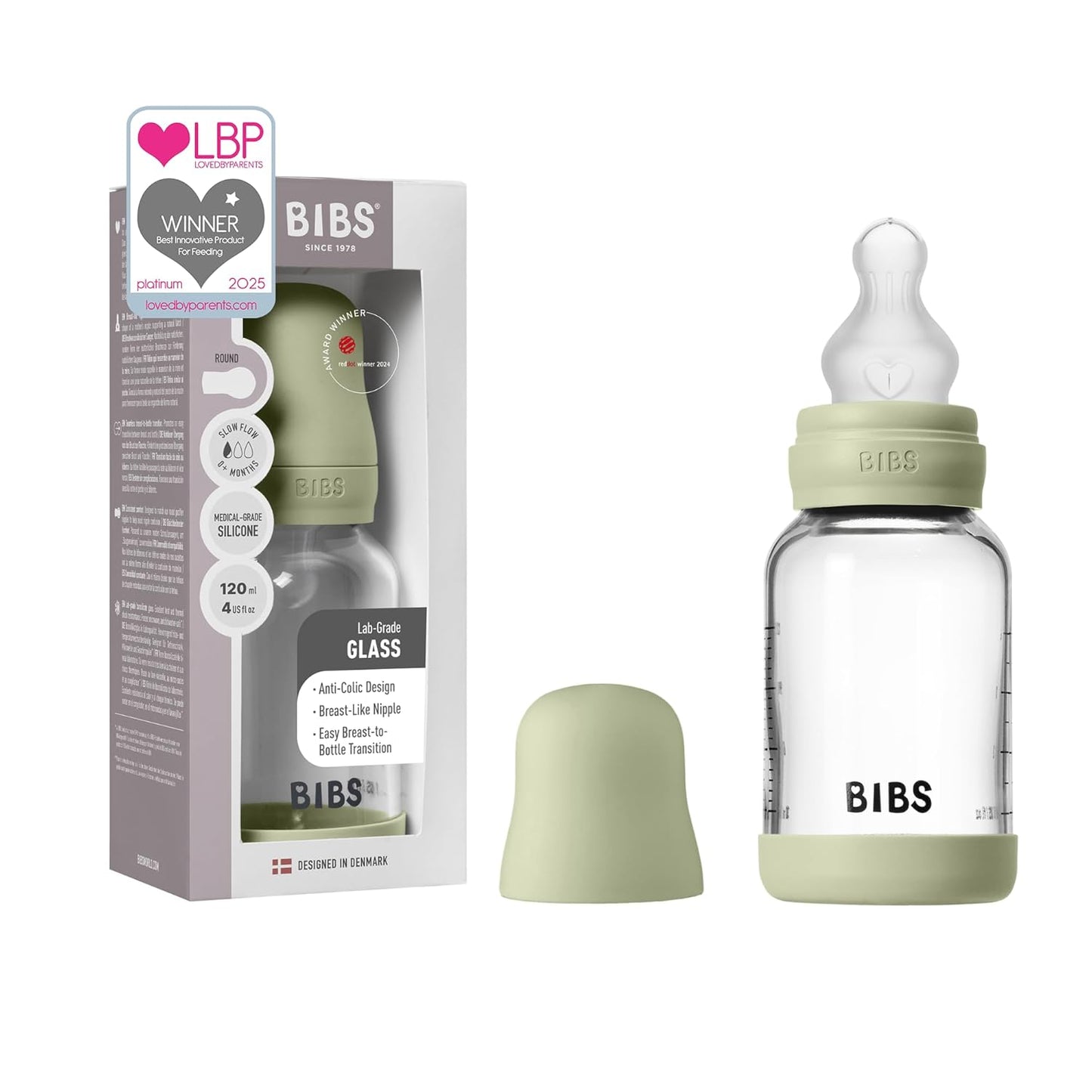 BIBS Baby Glass Bottle. 4 US fl oz / 120 ml. Anti-Colic. Vented Round Silicone Nipple. Supports Natural Breastfeeding, Slow Flow, Complete Set - Sage