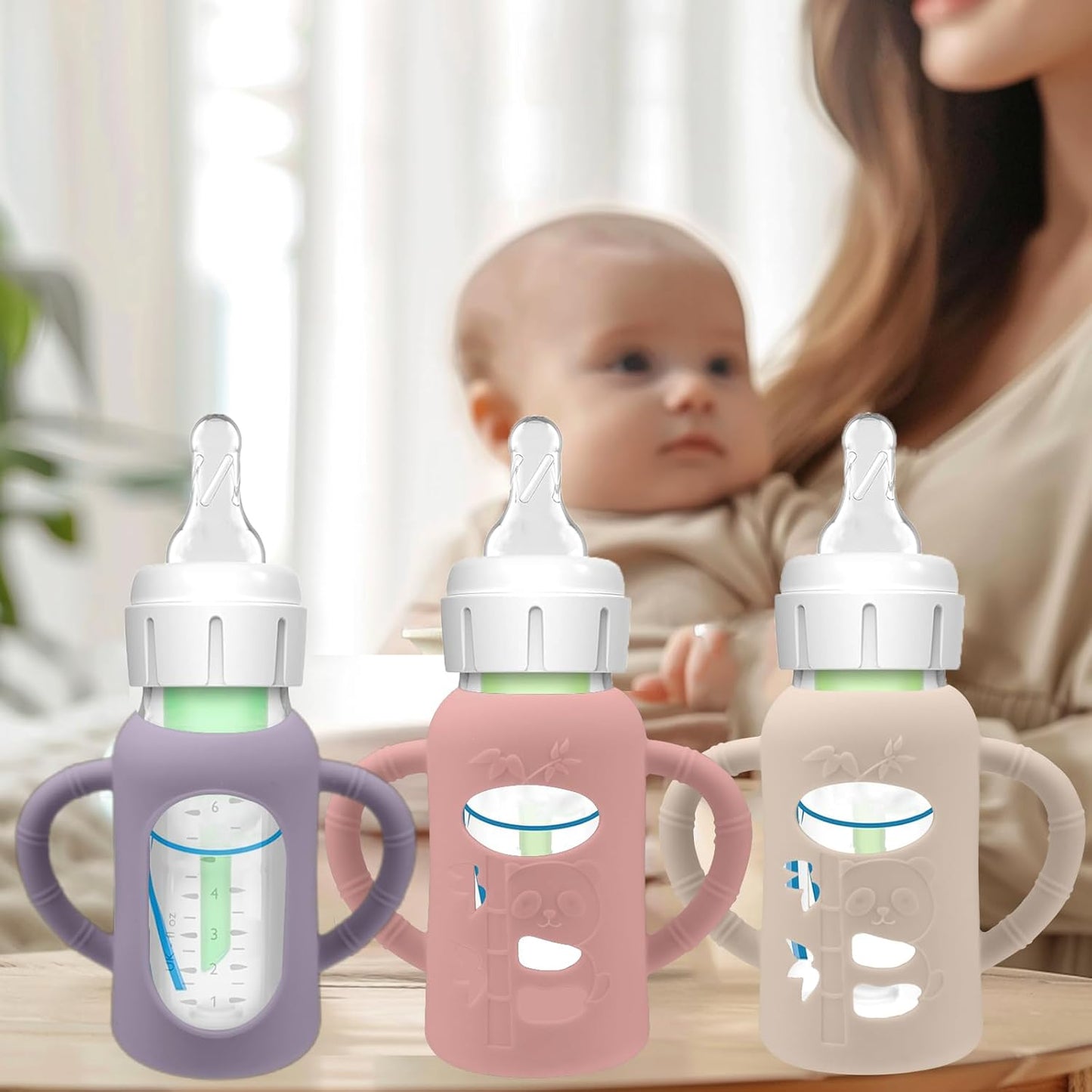 BUSOHA 3 Pack Silicone Sleeves for Dr Brown Glass Baby Bottles - Drop Protection Baby Bottle Sleeves,Compatible with Dr. Brown's Newborn Glass Bottles,with Silicone Handles,8 oz
