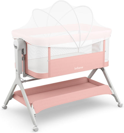 INFANS 5 in 1 Baby Bassinet, Upgraded Rocking Bedside Sleeper with Wheels, Storage Basket, Travel Bag, Mosquito Net, Height Adjustable, Portable All Mesh Crib for Newborn/Infant (Pink)