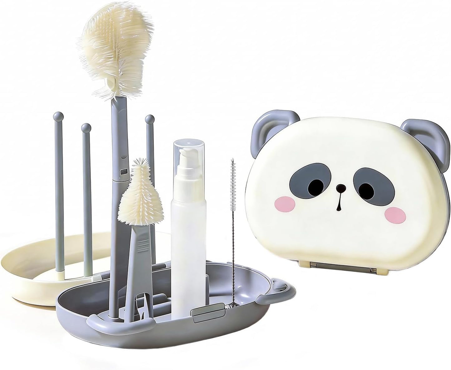 Portable Bottle Brush Set - Baby Travel Bottle Cleaner Kit with Silicone Brush, Nipple Brush, Straw Brush, Soap Dispenser, Drying Rack - Bottle Cleaning Kit for Home and Travel Essential (Panda)