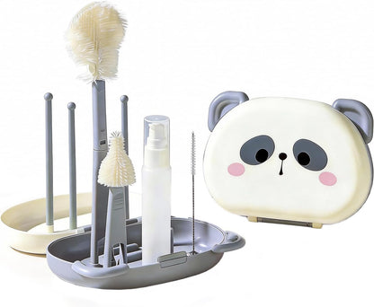 Portable Bottle Brush Set - Baby Travel Bottle Cleaner Kit with Silicone Brush, Nipple Brush, Straw Brush, Soap Dispenser, Drying Rack - Bottle Cleaning Kit for Home and Travel Essential (Panda)