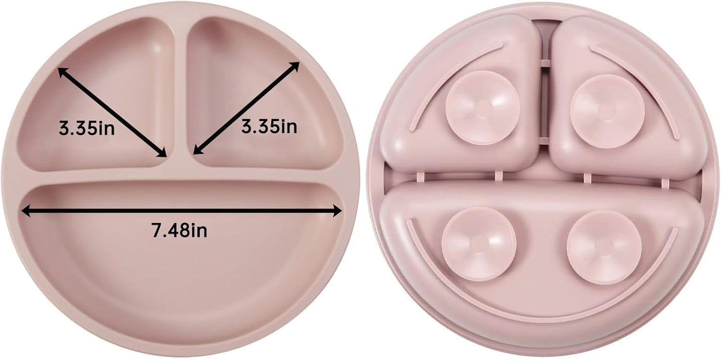 PandaEar 2 Pack Toddler Divided Suction Plates with 2 Spoons 2 Forks for Babies | Silicone Baby Led Weaning Supplies Self Feeding Eating Utensils | BPA-Free Baby Feeding Set - Pink