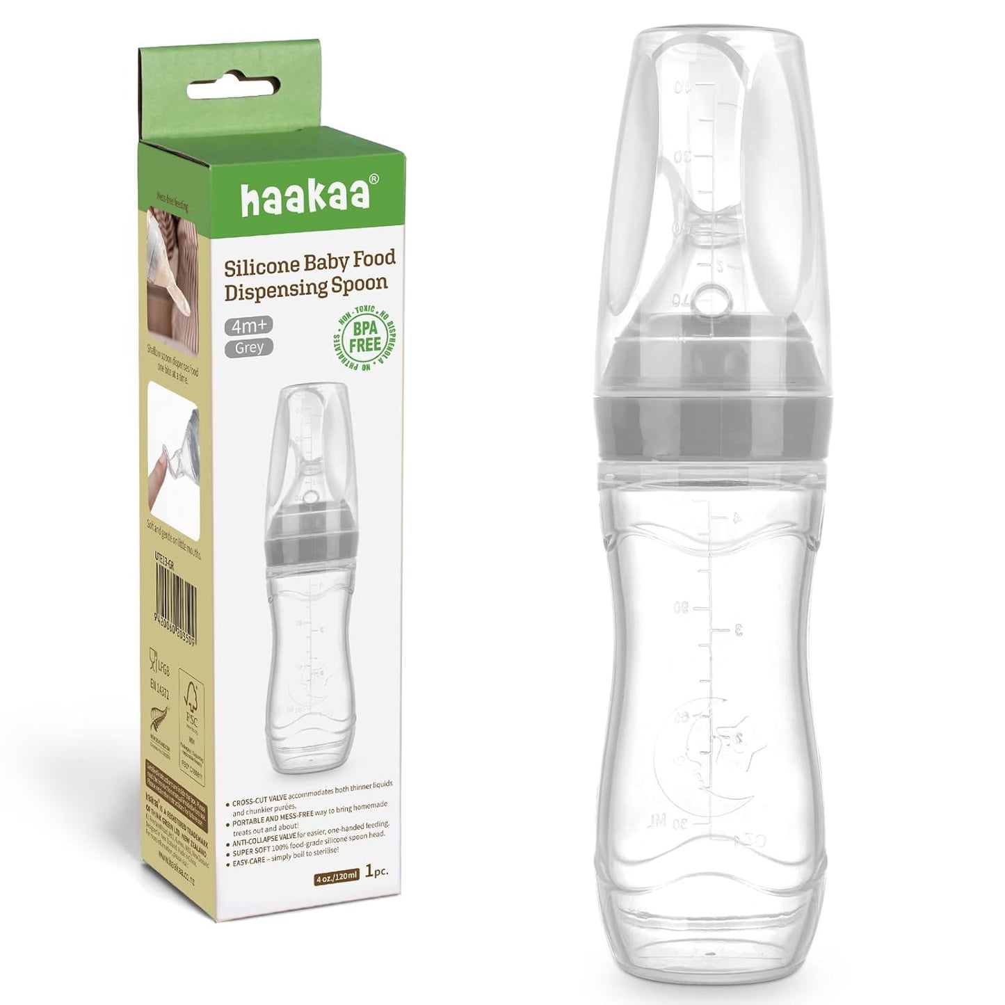 Haakaa Silicone Baby Food Dispensing Spoon Feeder 4oz - Infant Squeeze Cereal Feeder, Baby Fresh Food Feeder, Feed Bottle for Puree, Solid Baby Food, BPA Free, 4m+ Babies – Grey