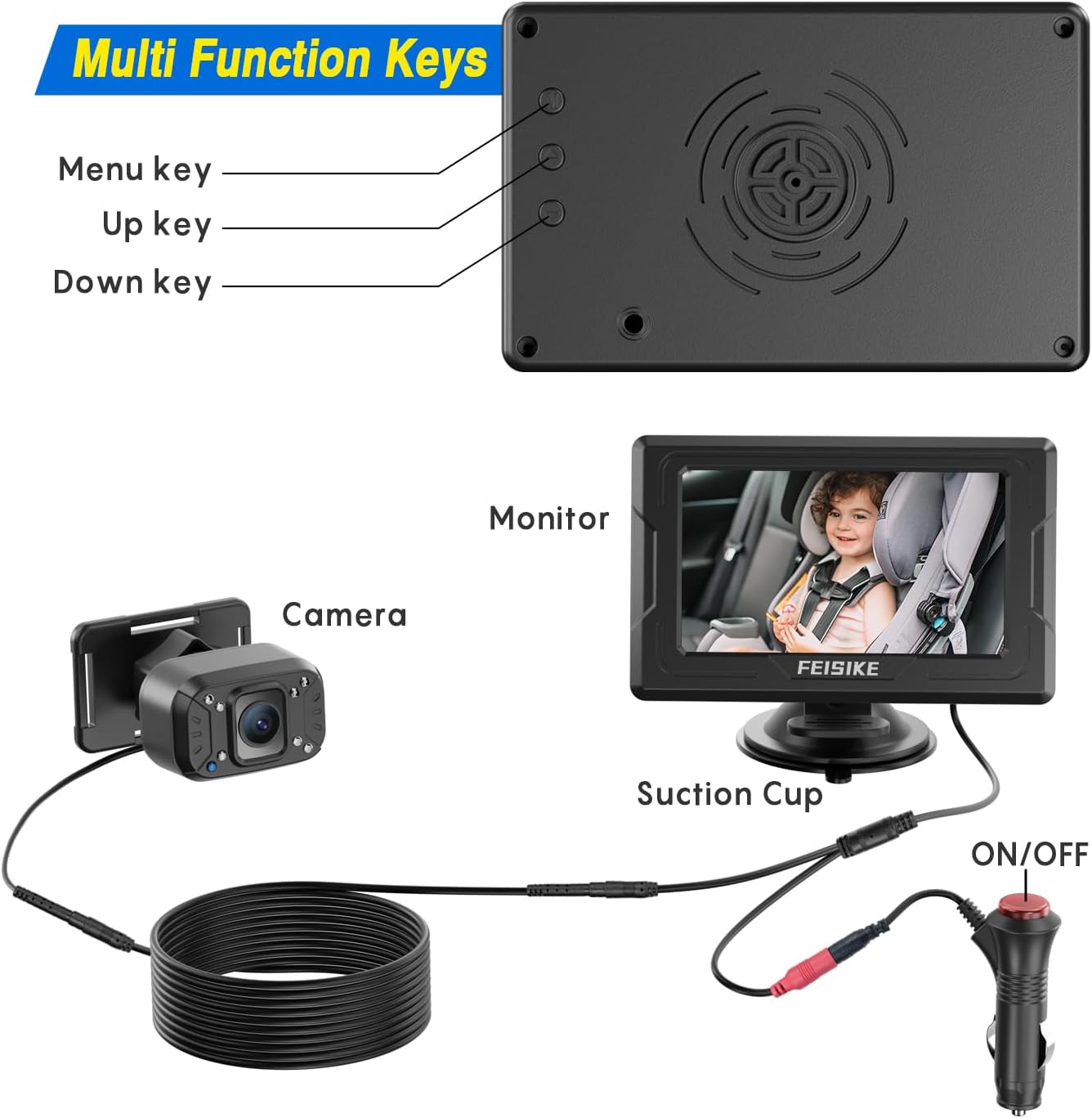 FEISIKE Baby Car Camera, 4.3'' Back Seat Baby Car Camera Mirror for Crystal Infrared Night Vision, 360° Rotation & 149° Wide View, 3 Mins Easy Installation