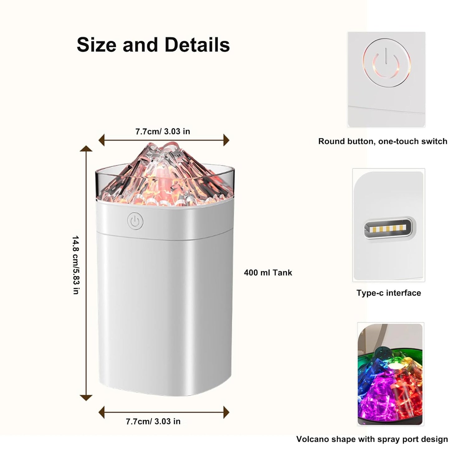 Portable Mini Cool Mist Humidifier, 400ml Ultrasonic Humidifier with 7 Color Night Lights, 2 Mist Modes, 10-20 Hours Runtime, Ultra-Quiet for Bedroom, Nursery, Office, Car, USB Powered (White)
