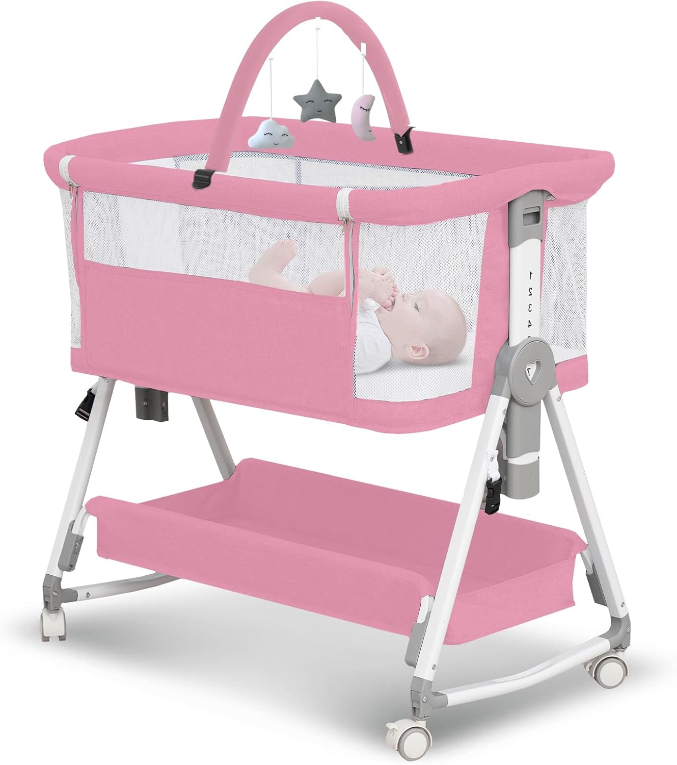 Baby Bassinet,3 in 1 Bedside Bassinet for Baby with Hanging Toys,Foldable Baby Bassinets Bedside Sleeper,4-Sided Mesh Bedside Crib with Wheels and Storage Basket,6 Height Adjustable (Light Grey)