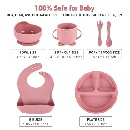 Silicone Feeding Set|Baby Led Weaning Supplies|Suction Plate Bowl Set with Bib, Spoon, Fork, Sippy Cup|Feeding Eating Supplies BPA Free