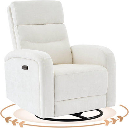 Power Swivel Rocker Recliner Chair for Nursery, Swivel Reclining Rocking Chairs, Electric Glider for Living Room, Upholstered Recliner Chairs for Bedroom, Corduroy White