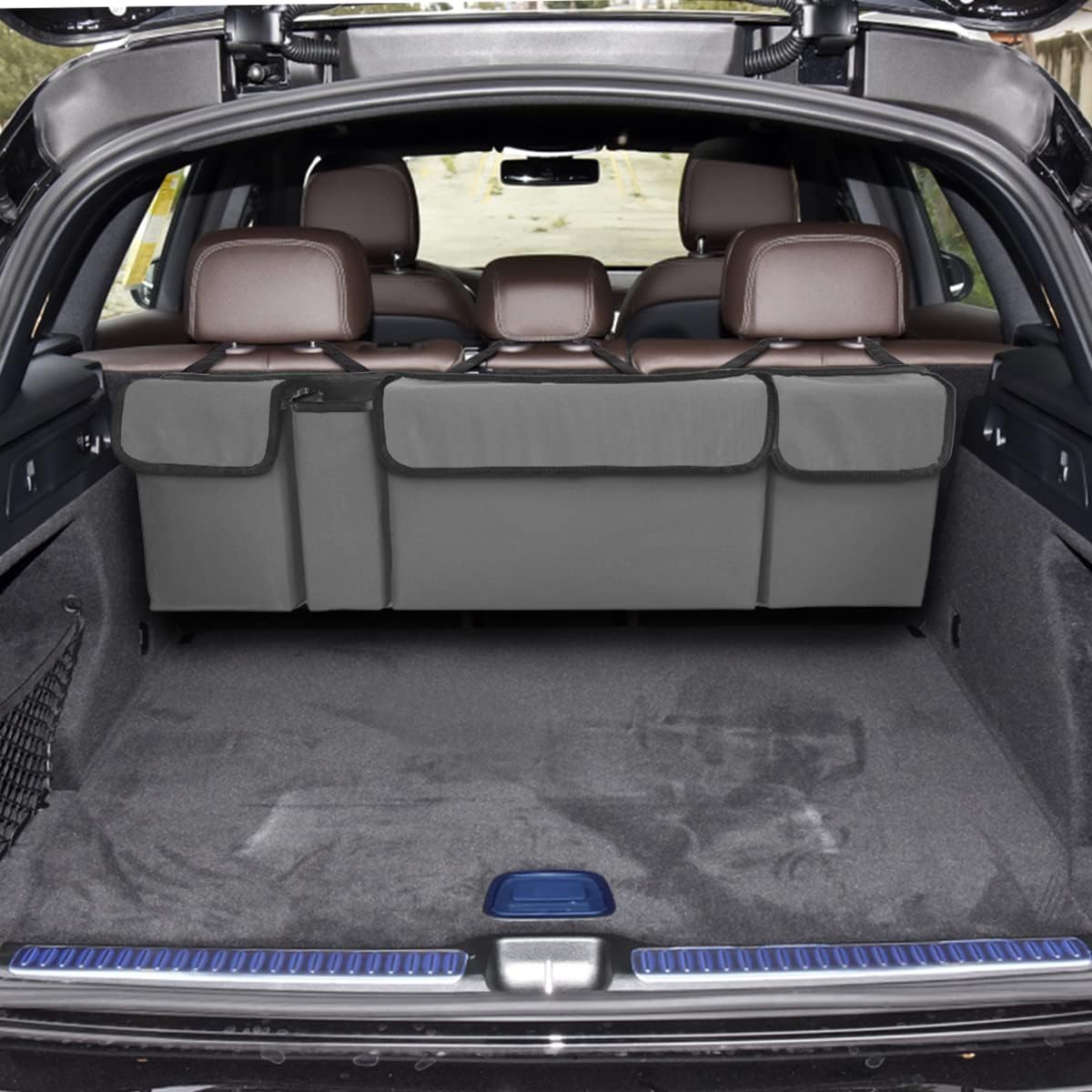 AUCELI Car Trunk Organizer, Backseat Hanging Large Storage with Adjustable Straps, Waterproof Collapsible Cargo Bag with 4 Pockets, Sturdy Space Saver Frees Trunk Floor for SUV, Truck, MPV