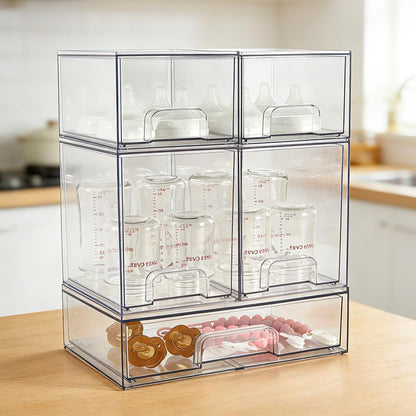 Baby Bottle Organizer, 4 Pack Clear Space-Saving Stackable Drawer with Handle, Baby Bottle Storage Organizer for Countertop and Cabinet