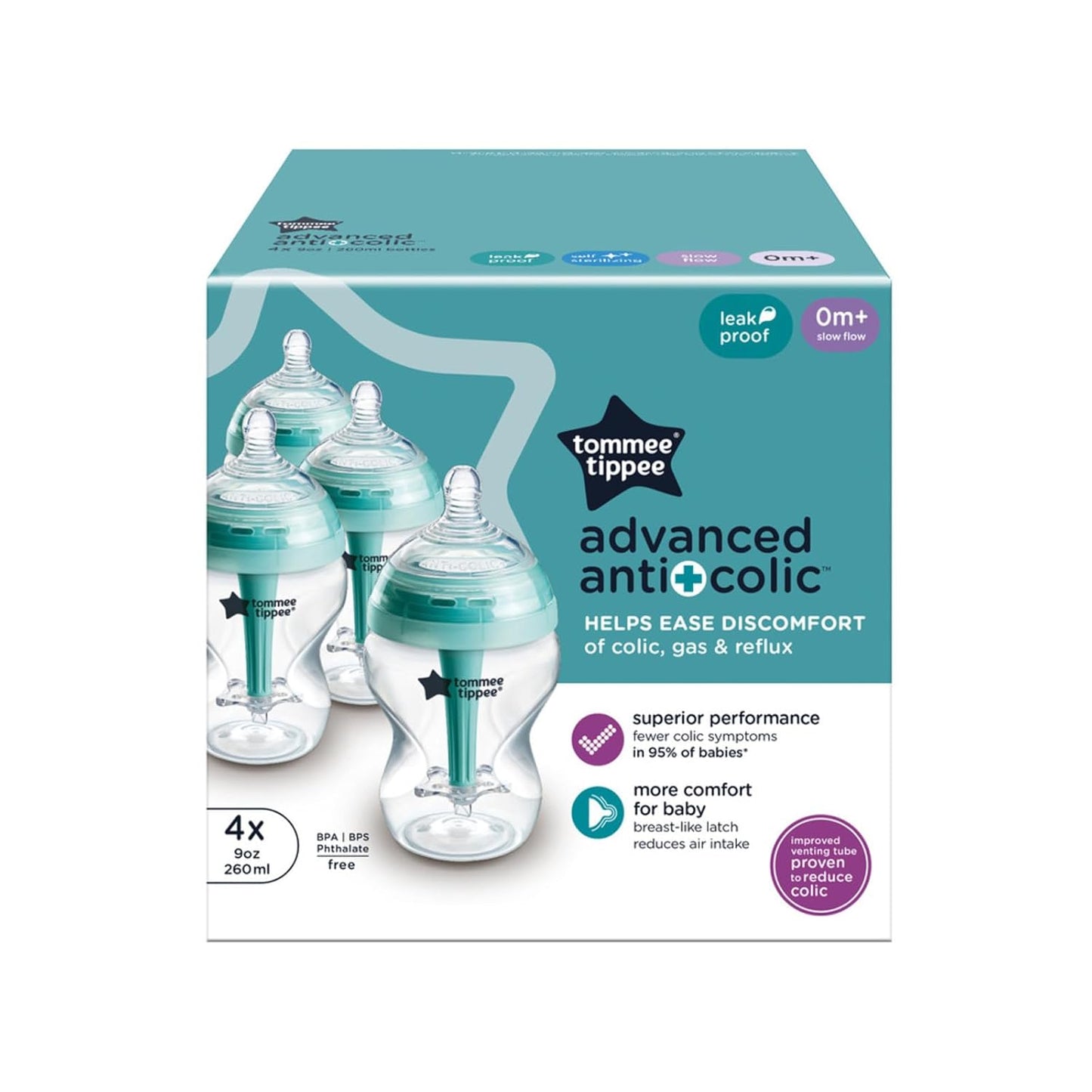 Tommee Tippee Advanced Anti-Colic 9 oz BPA Free Baby Bottles, Newborn 0+ Months, Slow Flow Breast-Like Nipple, Unique Design Keeps Air Away from Milk and Baby, Pink and Purple, Pack of 2