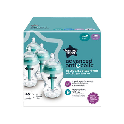 Tommee Tippee Advanced Anti-Colic 9 oz BPA Free Baby Bottles, Newborn 0+ Months, Slow Flow Breast-Like Nipple, Unique Design Keeps Air Away from Milk and Baby, Pink and Purple, Pack of 2