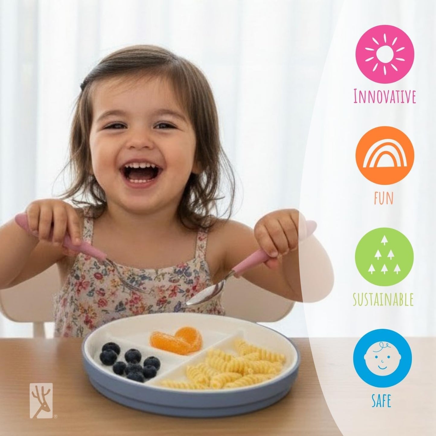 Elk and Friends Kids 7.8” Porcelain Divided Plates with Silicone Sleeves | Suitable for Babies/Kids/Toddlers | Microwave & Dishwasher Safe | Non Slip | Snack Dishes