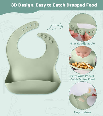 Silicone Baby Feeding Set, 10 Pcs Baby Led Weaning Supplies Baby Eating Essentials Set with Suction Bowl Divided Plate Adjustable Bib Soft Spoon Fork Cup with Lid Drinking Cup, Travel Bag (Blue)
