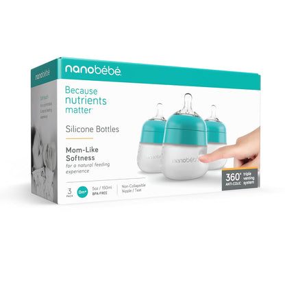 Nanobebe Flexy Silicone Baby Bottle, Anti-Colic, Natural Feel, Non-Collapsing Nipple, Non-Tip Stable Base, Easy to Clean 4-Pack, Pink/White, 5 oz