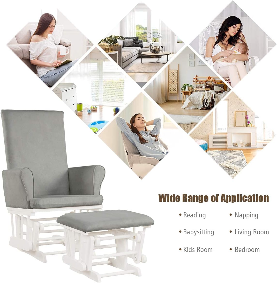 Costzon Baby Glider and Ottoman Cushion Set, Wood Baby Rocker Nursery Furniture for Napping, Nursing, Reading, Upholstered Hoop Glider & Ottoman Comfort Nursery Chair w/Padded Armrests (Pink)