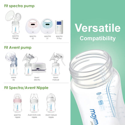 Maymom Wide-Mouth Milk Storage Feeding Collection Bottle with Nipple, Dome Cap, Bottle Top, SureSeal Sealing Disk; Compatible with Spectra Pump/Motif Luna; 5 pc (4.7Oz/140mL)