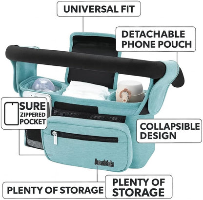 Universal Stroller Organizer with Insulated Cup Holder, Detachable Phone Bag, Shoulder Strap – Fits All Stroller Types, Keeps Drinks Hot/Cold (Pink)