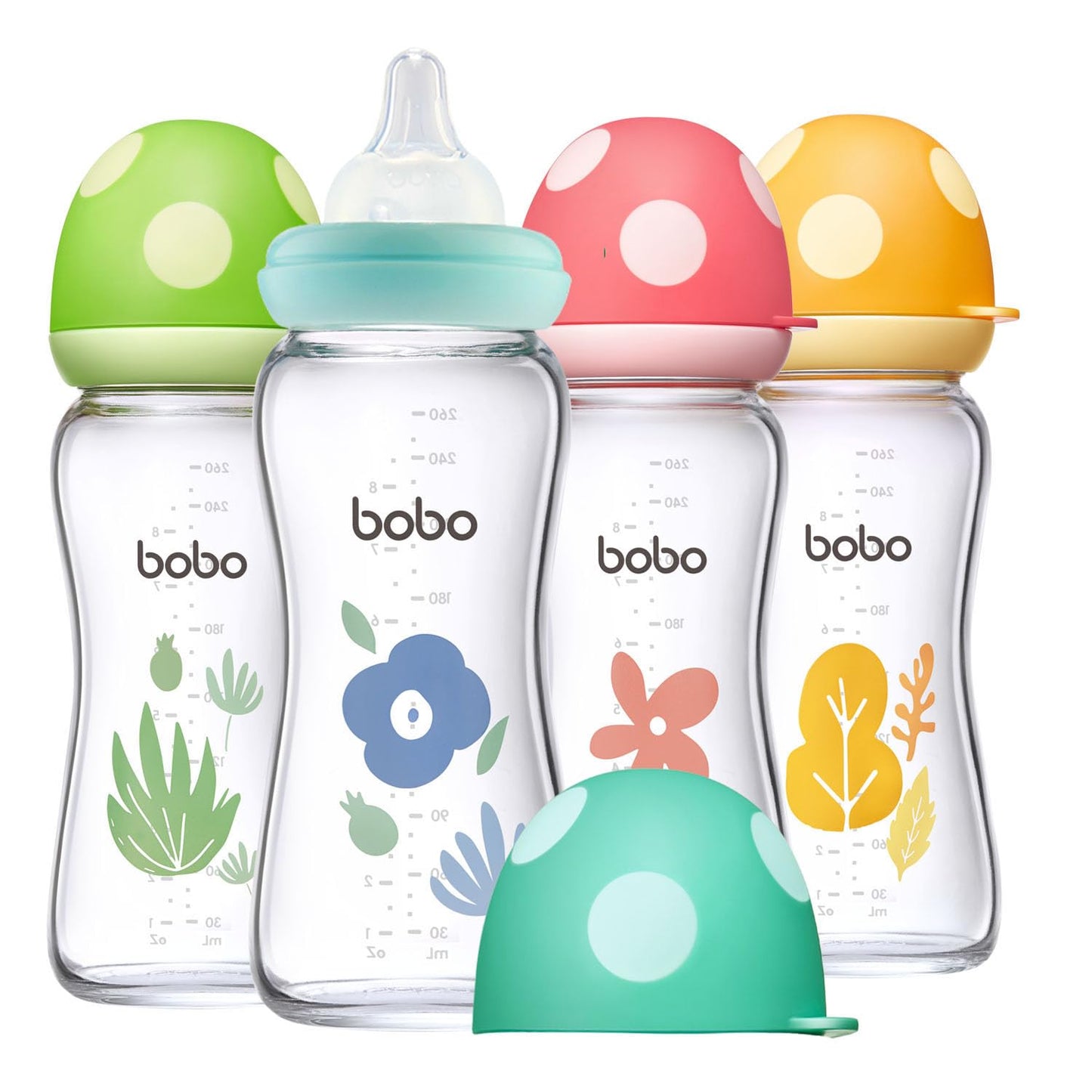 YOHKOH Natural Glass Baby Bottle with Level 1 Slow Flow Nipple, Newborn Anti-Colic Baby Bottles, Wide Neck Mushroom Baby Glass Bottle (Multicolour-A, 3.4oz (Pack of 4))
