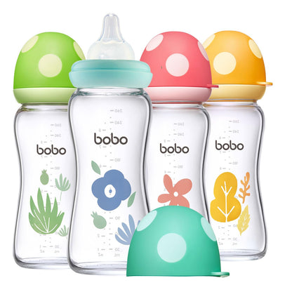 YOHKOH Natural Glass Baby Bottle with Level 1 Slow Flow Nipple, Newborn Anti-Colic Baby Bottles, Wide Neck Mushroom Baby Glass Bottle (Multicolour-A, 3.4oz (Pack of 4))
