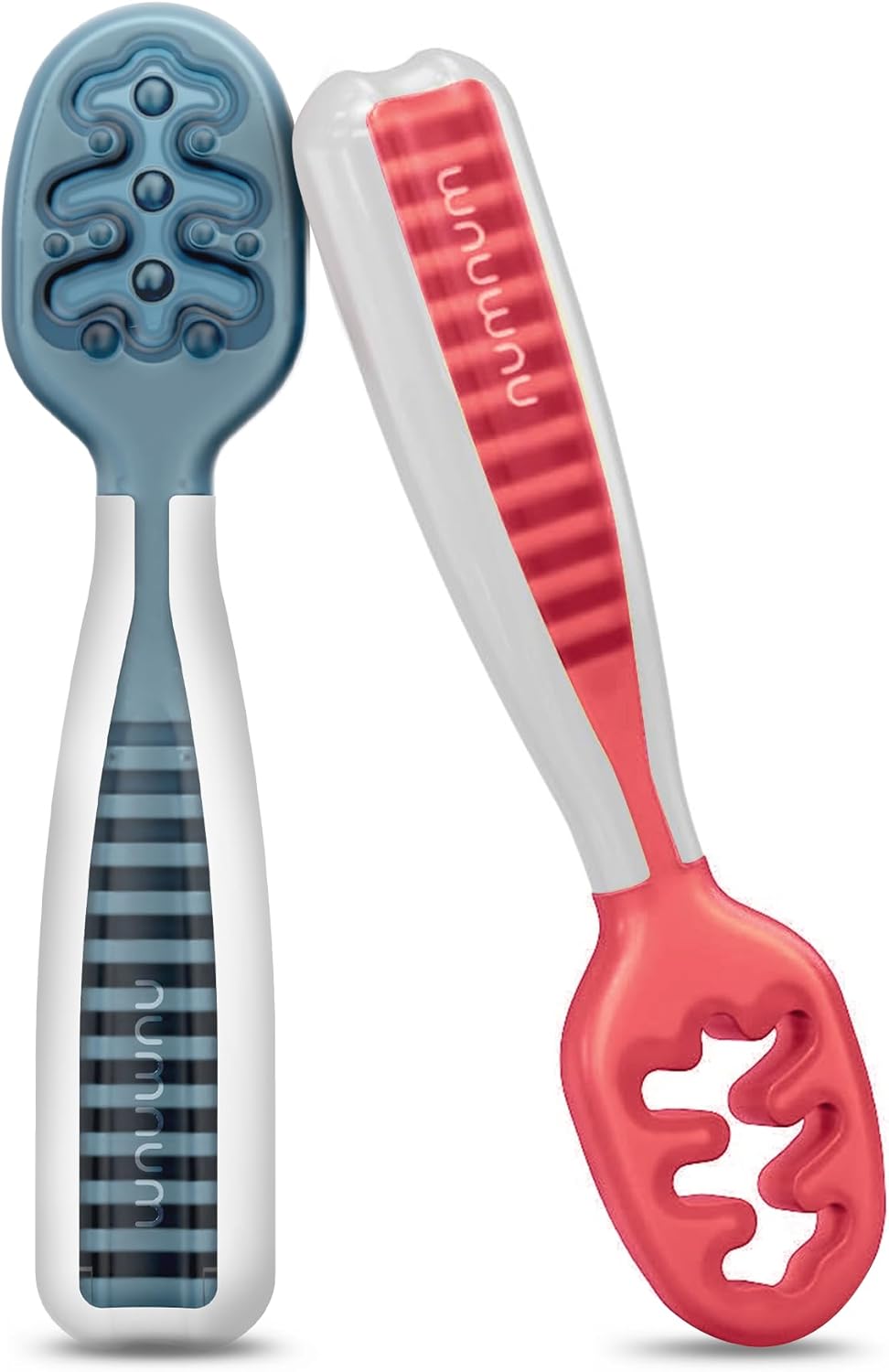 NumNum Baby Spoons Set, Baby Essentials Pre-Spoon GOOtensils for 6+ Months, First Stage Self-Feeding Spoons for Baby Led Weaning (BLW), Silicone Toddler Utensils, BPA-Free, 2 Pack Gray/Green