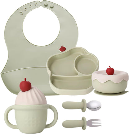 Silicone Baby Feeding Set, Gelato Collection Baby Led Weaning Supplies, First Self-Feeding Ice Cream Set, Silicone Suction Bowl with Cherry Lid & Plate, Straw Cup & Bib, Fork & Spoon - Pink