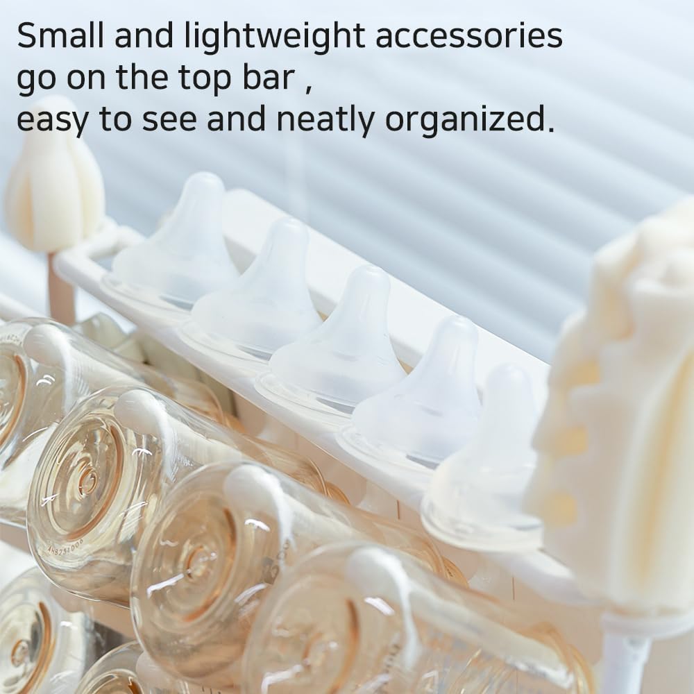 LUNELL Baby Bottle Drying Rack with 20 Hooks and Drip Tray, Large Space Saving Vertical Dryer Holder for Countertop, Storage Organizer for Pump Parts, Pacifiers, with Brush Holder, Ivory White
