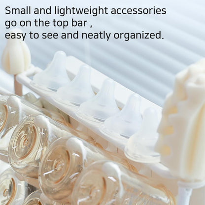 LUNELL Baby Bottle Drying Rack with 20 Hooks and Drip Tray, Large Space Saving Vertical Dryer Holder for Countertop, Storage Organizer for Pump Parts, Pacifiers, with Brush Holder, Ivory White