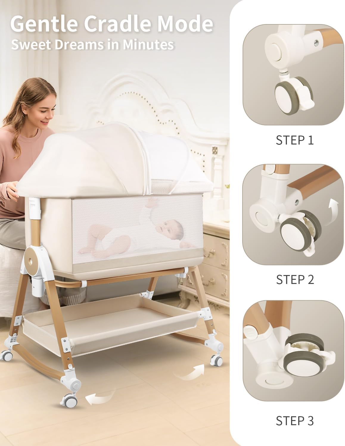 suihuooo 4 in 1 Baby Bassinet, Bassinets Bedside Sleeper with Wheels and Storage Basket, Adjustable 7 Heights Bedside Sleeper with Mosquito Net, Breathable Mesh Rocking Bassinet for Baby