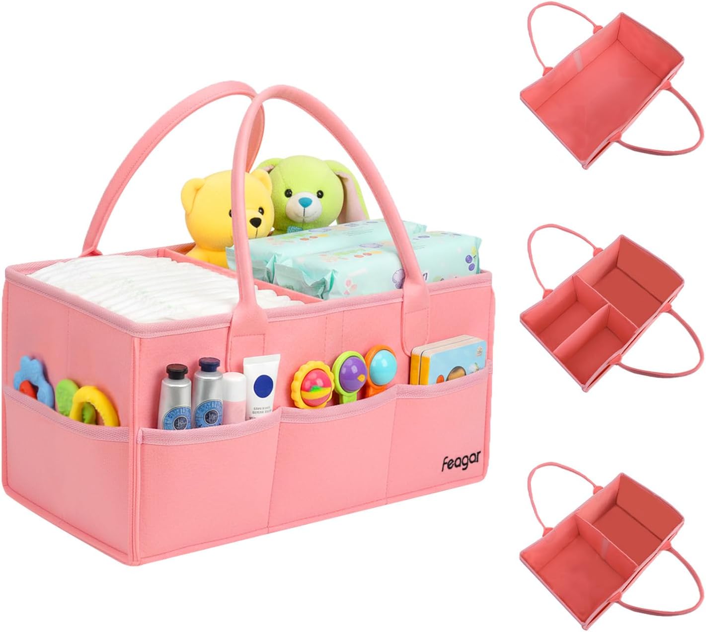 Feagar Baby Diaper Caddy Organizer, 15 Inch Large 2 Pack Set with 8 Pockets & 2 Dividers, Portable Nursery Storage Basket & Car Organizer for Changing Table, Travel (Pink)