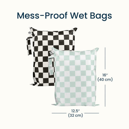 Tiny Twinkle Mess Proof Wet Bags | 2-Pack Reusable Waterproof Wet Bags for Swimsuits | Baby Clothes | Travel & Diaper Bag (Pink, Brown Checkers) - Colors B