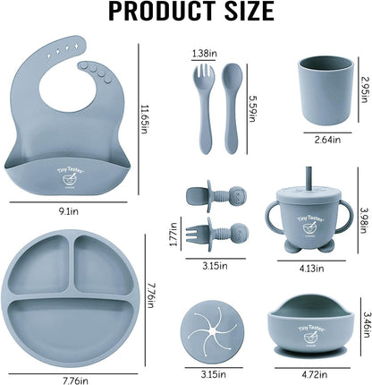 10-Piece Silicone Baby Feeding Set – BPA-Free, Spill-Proof Suction Plate, Bowl, Bib, Snack Cup & Utensils | Dishwasher Safe, Baby Gift Ready (Blue)