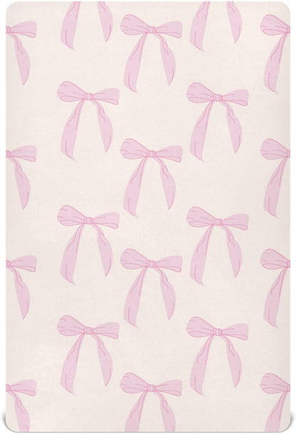 Fitted Crib Sheets Pink Checkered and Bows Stretchy Portable Playard Sheets for Baby Toddler, Breathable Soft Mini Crib Mattress 39 x 27 in for Boys and Girls