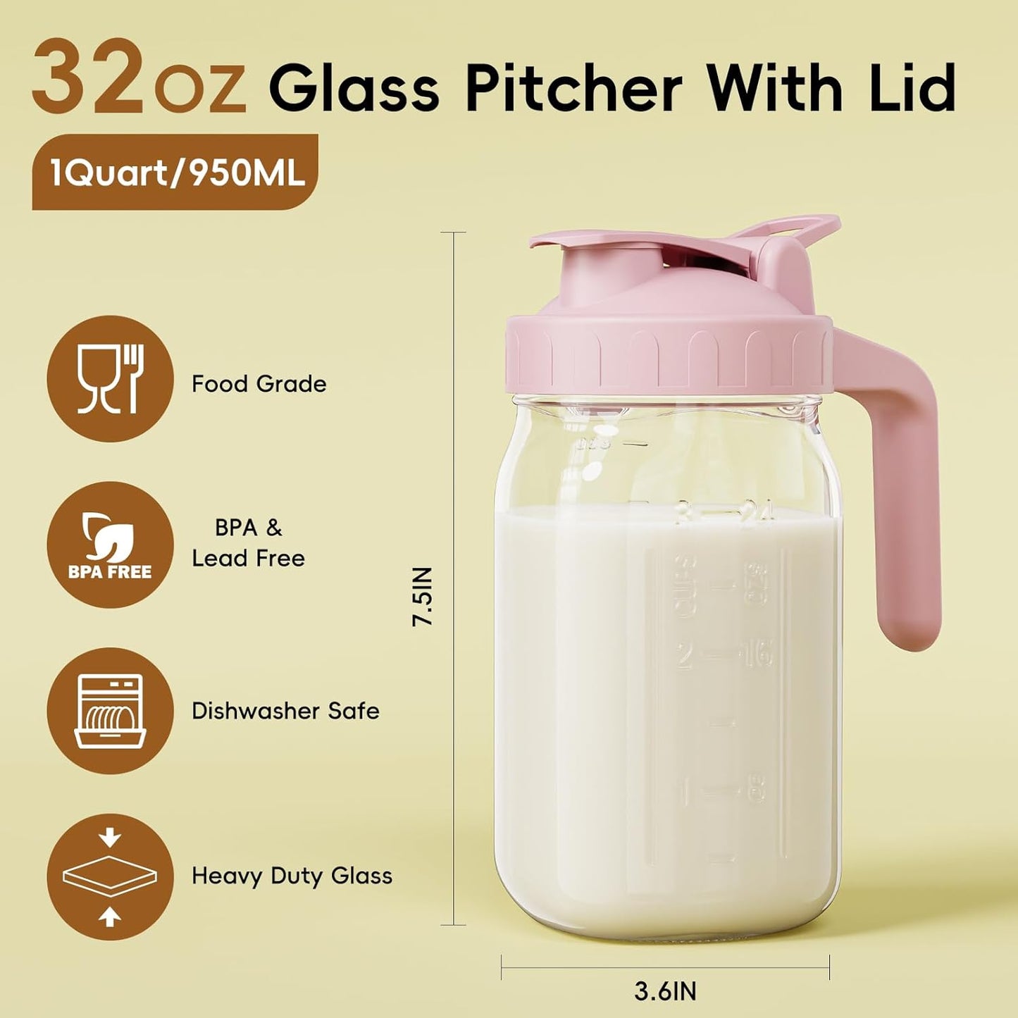 JunVpic Breast Milk Pitcher - 32 oz Glass Mason Jar with Dual Leak-Proof Design, Airtight Seal, Pour Spout & Handle, Storage Container for Breastmilk, Iced Tea & Ice Drinks（Gray）