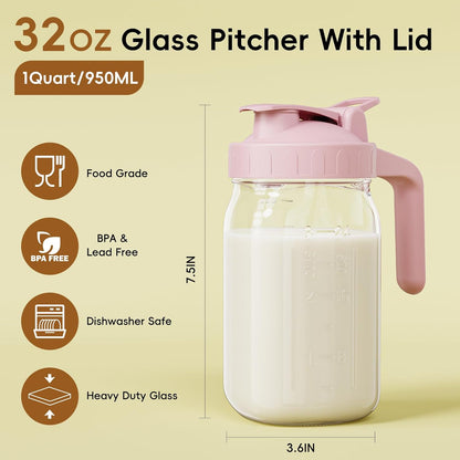 JunVpic Breast Milk Pitcher - 32 oz Glass Mason Jar with Dual Leak-Proof Design, Airtight Seal, Pour Spout & Handle, Storage Container for Breastmilk, Iced Tea & Ice Drinks（Gray）