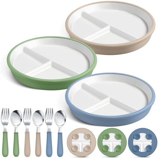 Teenyyou 3 Pack 8" Large Porcelain Toddler Plates Feeding Set, Ceramic Kids Suction Plates with Anti Slip Silicone Sleeve for Baby 3 Spoons and Forks Divided Kids (Blue,Green,Beige)