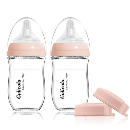 Gulicola Small Glass Baby Bottle for Newborn Breastfeeding Babies, Preemie & Extra Slow Flow Nipples (SS), Anti-Colic, Breast-Like, 0 Months+, 3 oz, 2 Pack - White