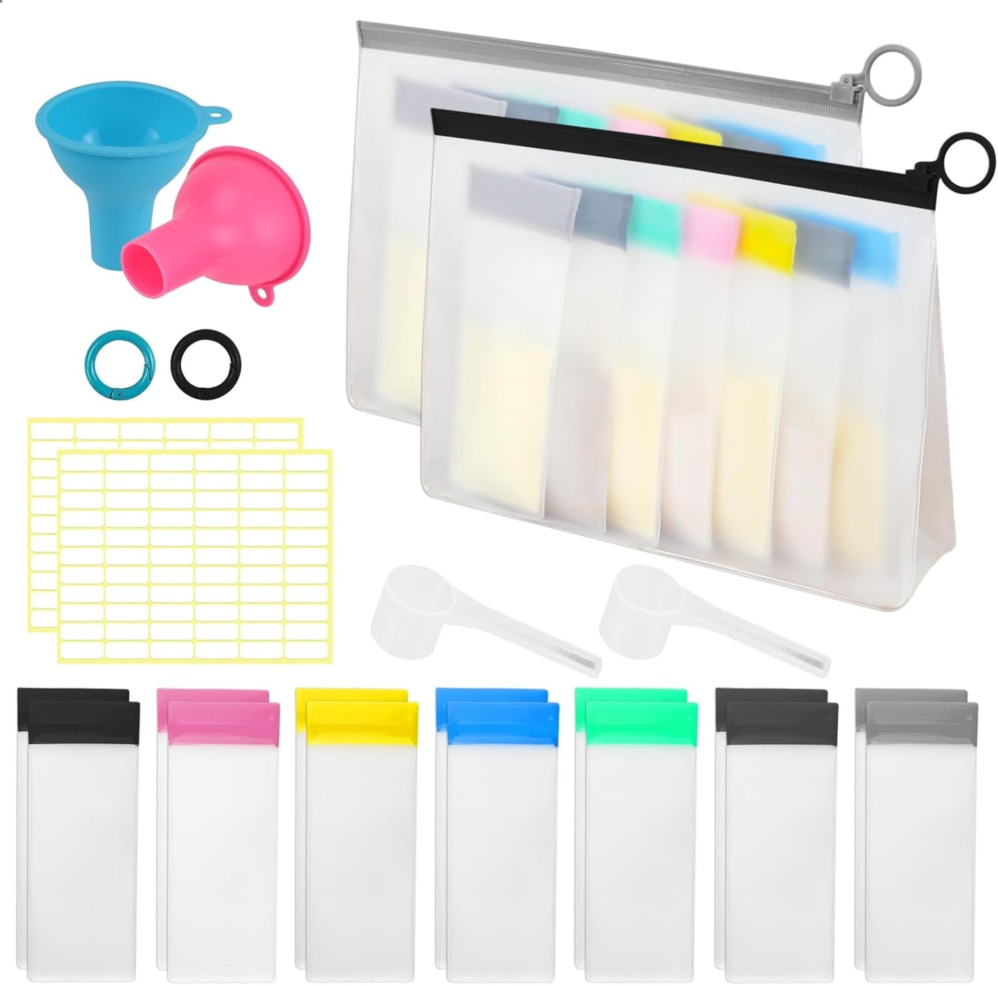 MUOUAKATE Protein Powder Travel Container Set - Reusable Powder Supplement Container To Go - 21pc Single Dose Bags and 3pc Large Travel Containers Zip Up Bags