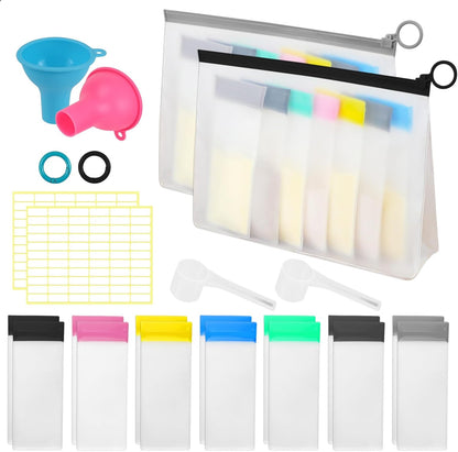 MUOUAKATE Protein Powder Travel Container Set - Reusable Powder Supplement Container To Go - 21pc Single Dose Bags and 3pc Large Travel Containers Zip Up Bags