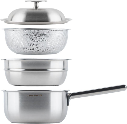 316 Stainless Steel 2.3 Quart Sauce Pan Baby Food Maker with Steamer Basket, Strainer & Lid, 3-in-1 Multi-Function Pot, 5-Ply Induction Cookware, Dishwasher & Oven Safe