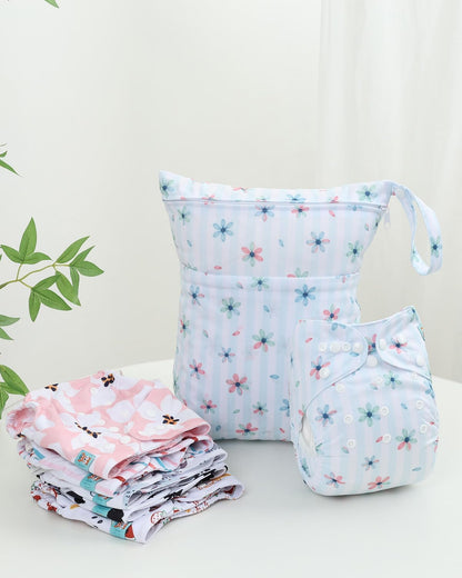 ALVABABY 6pcs Cloth Diaper Covers &1 Wet Dry Bag, Washable Reusable Cloth Nappy Shell for Prefold with Multi-Functional Bag, Flat or Fitted Diaper Inserts 6NKZ06