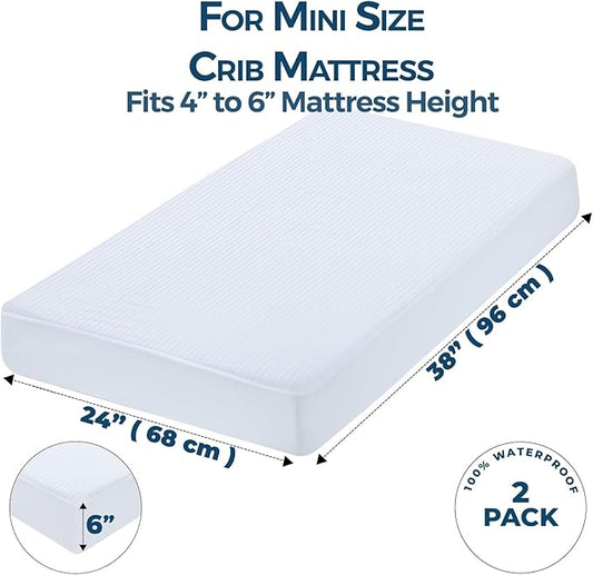 Dreamology Mini Crib Mattress Protector, 2 Pack, Mini Mattress Protector for Baby Girl and Baby Boy, Soft, Quilted Crib Mattress Pad Cover, Waterproof for Mini Mattress, 38x24 (White)